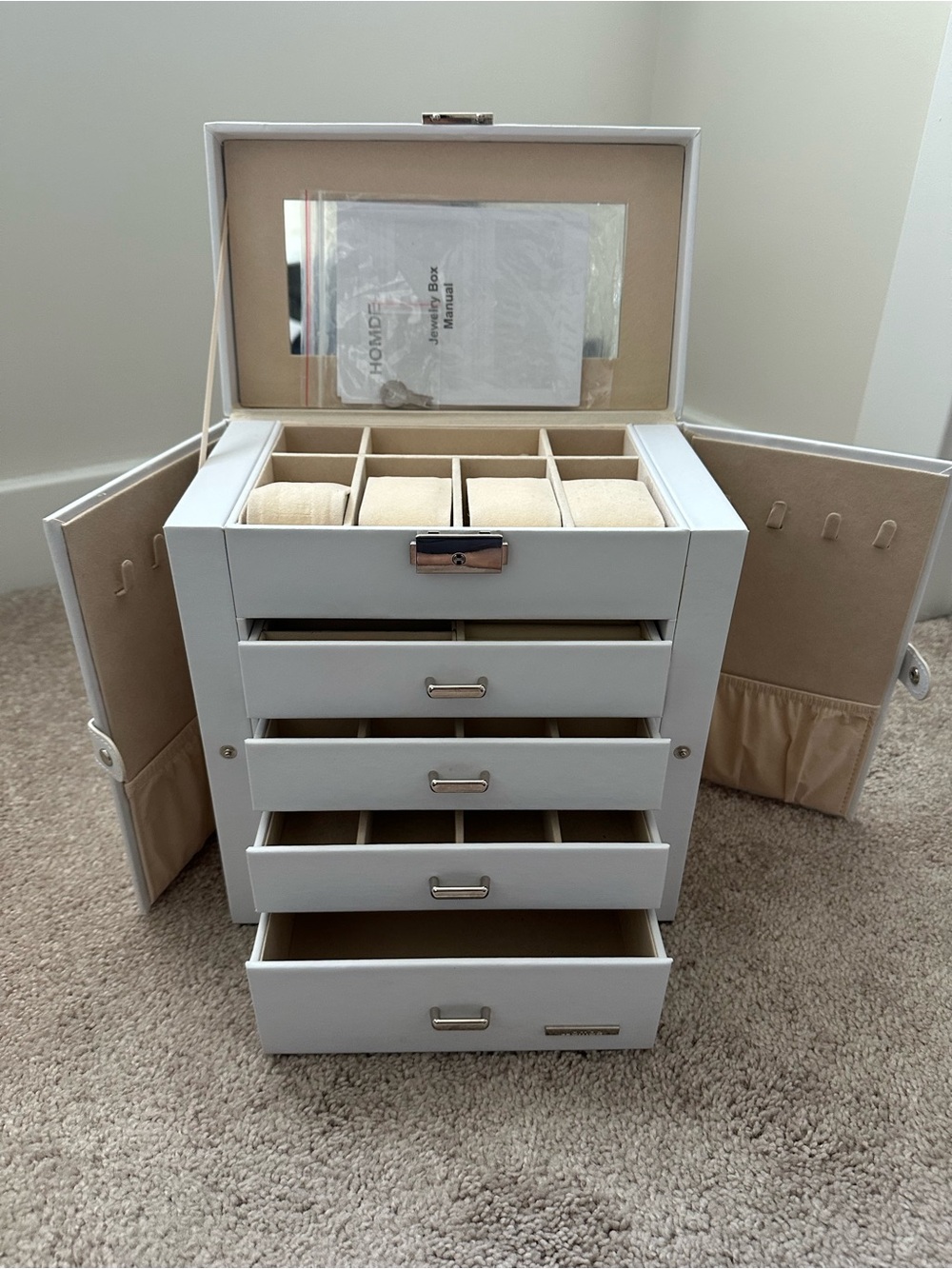 White Jewelry Storage Box with Drawers and Mirror